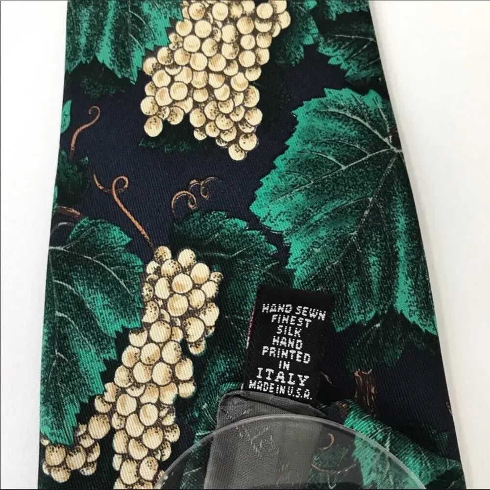Robert Talbott Silk Tie Green & Cream Grape Leaves Tropical Print